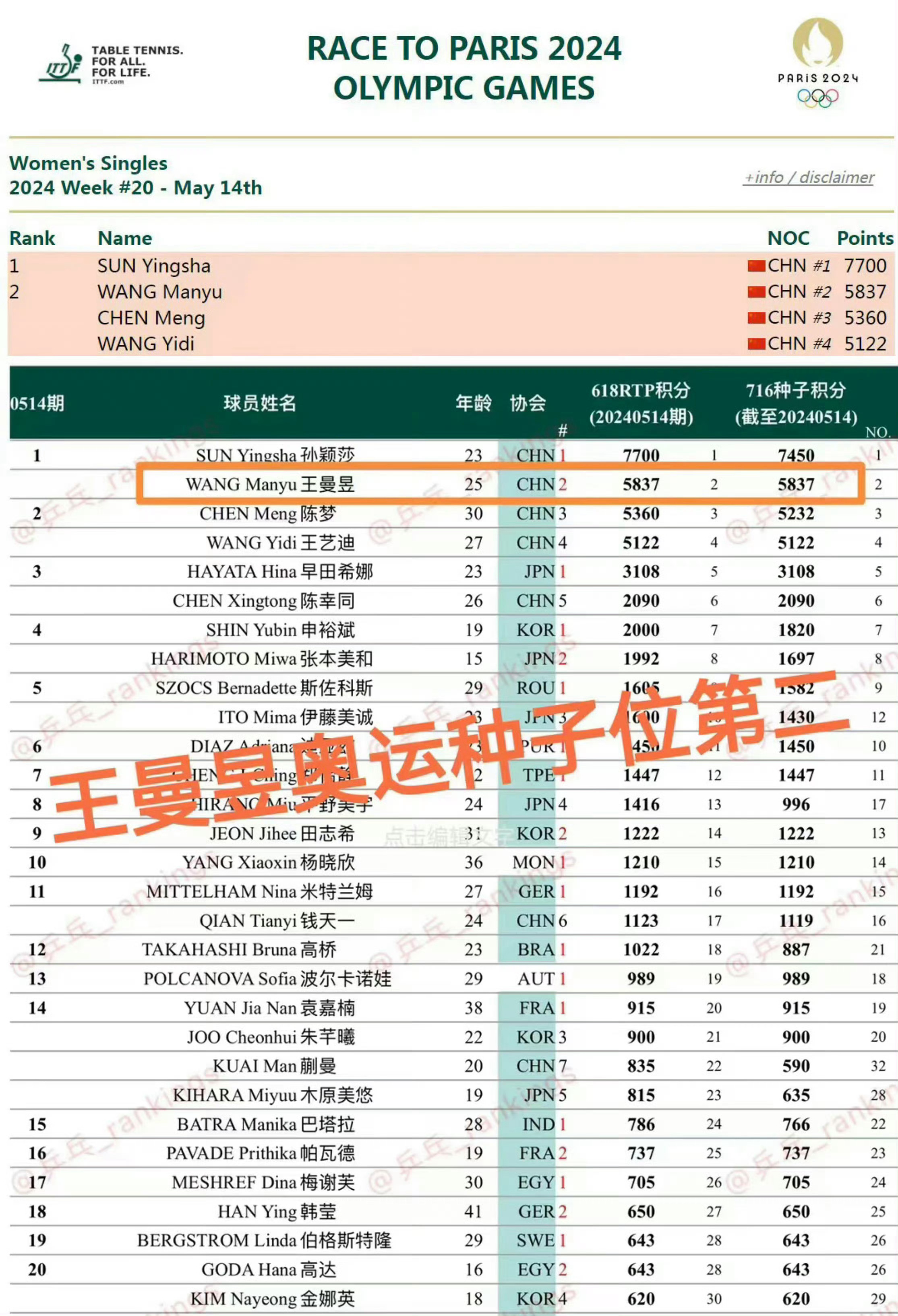 世界乒乓球女單最新排名，頂尖高手激烈競爭